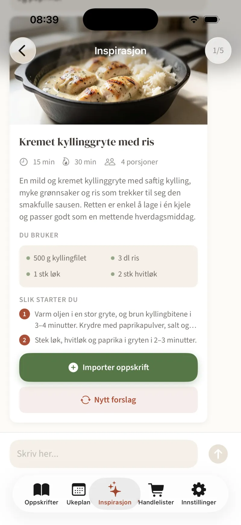 Anrett AI foreslår kremet kyllinggryte med ris, med tid, porsjoner og de første stegene
