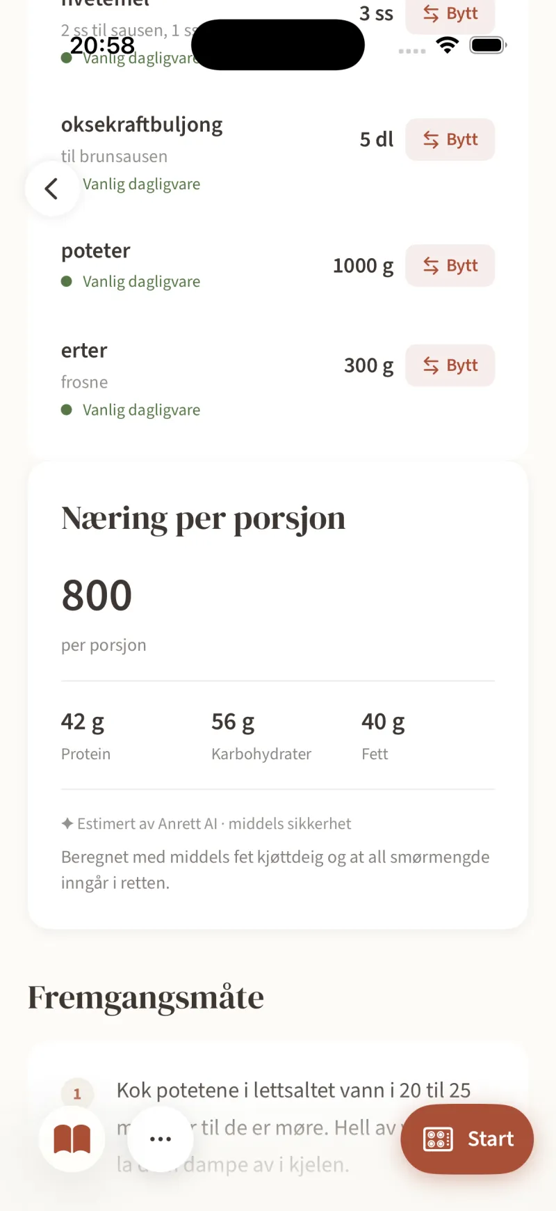 Næring per porsjon i Anrett med kalorier, protein, karbohydrater og fett, merket som AI-estimat