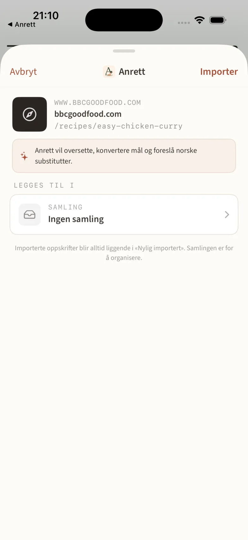 Anretts importvindu med lenken til easy-chicken-curry og knappen Importer øverst.