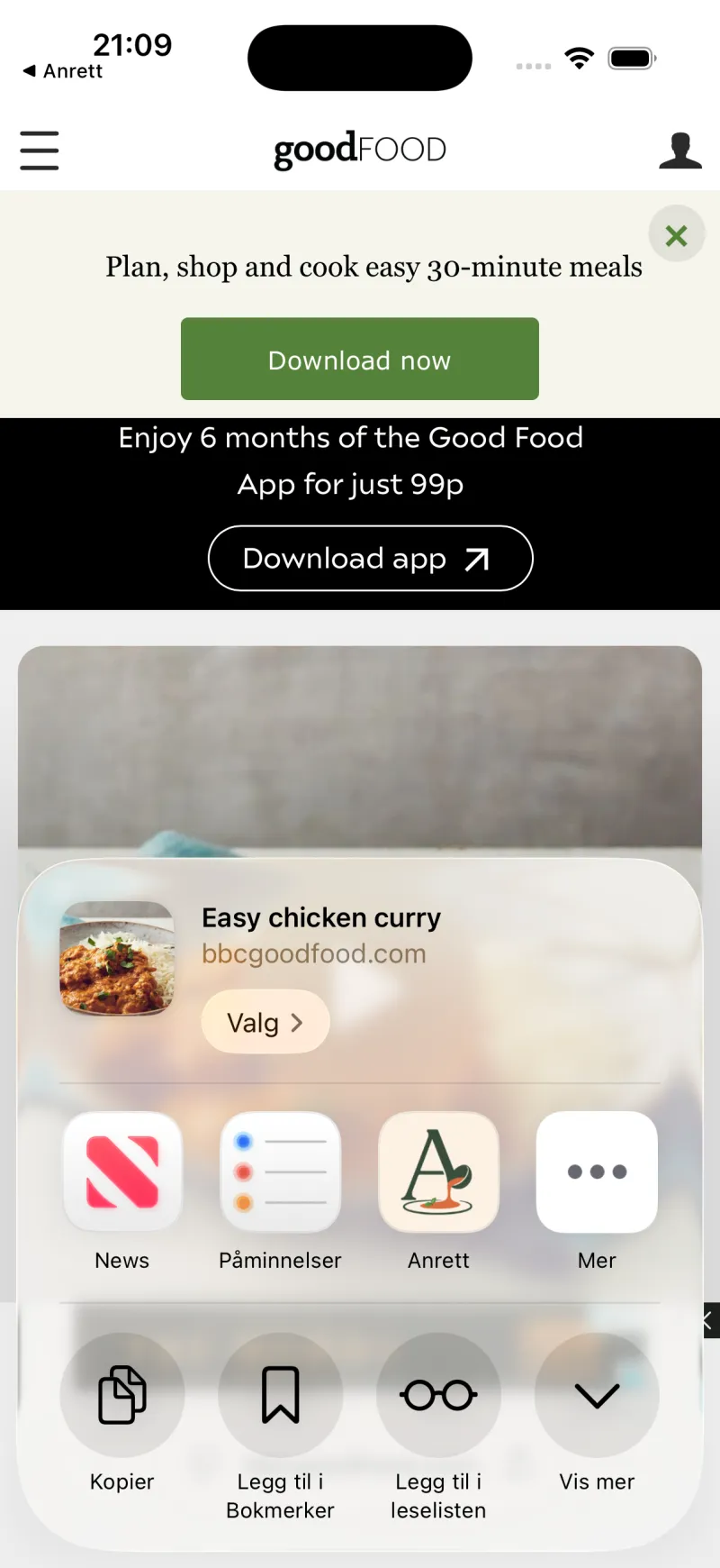 Safari deler Easy chicken curry fra BBC Good Food. Anrett er et valg i delingsmenyen.