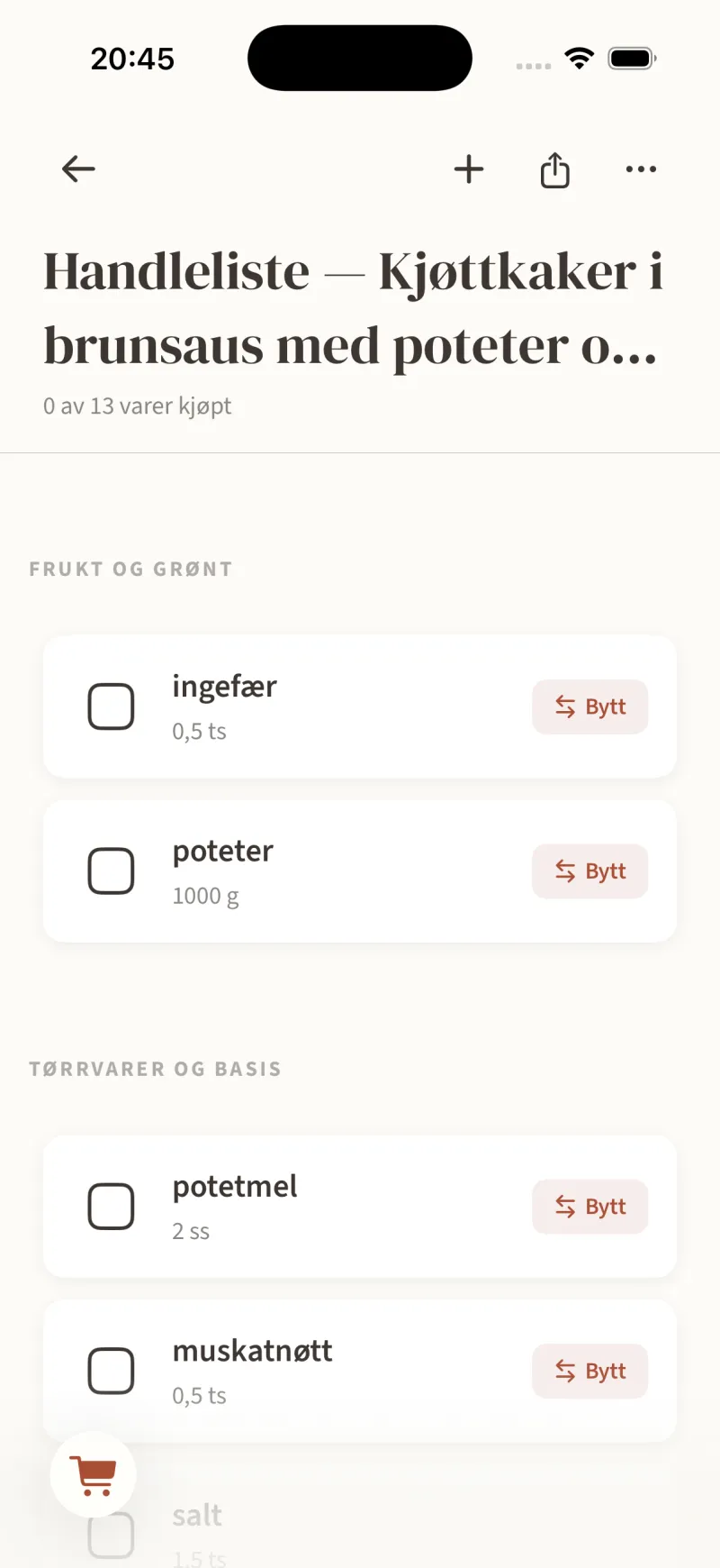 Handleliste i Anrett sortert i frukt og grønt og tørrvarer, med Bytt-knapp på hver vare