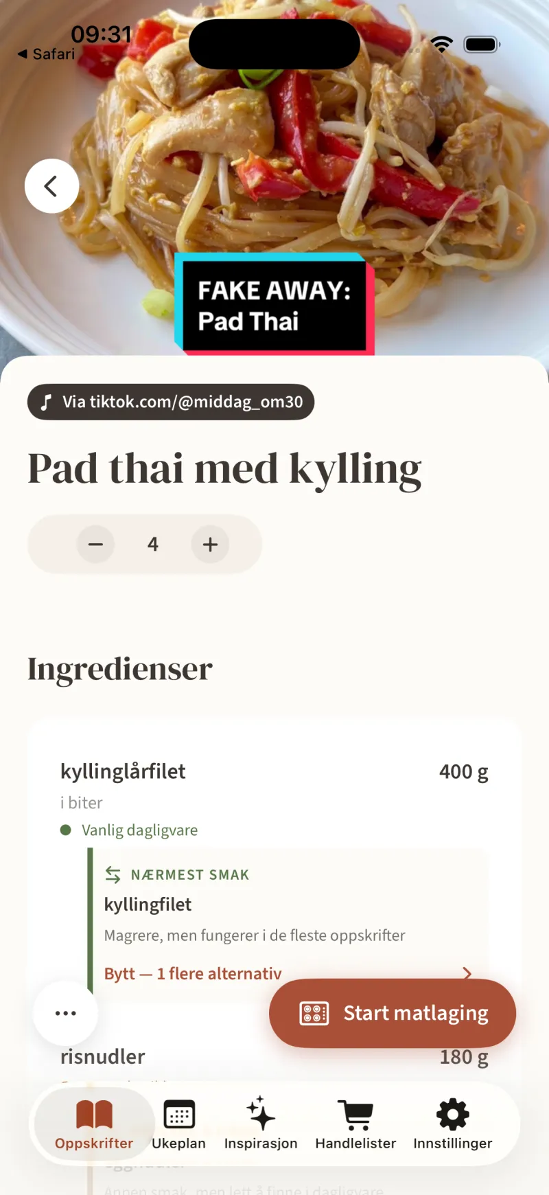 Pad thai med kylling importert fra TikTok i Anrett, med kildehenvisning, porsjoner og ingredienser på norsk